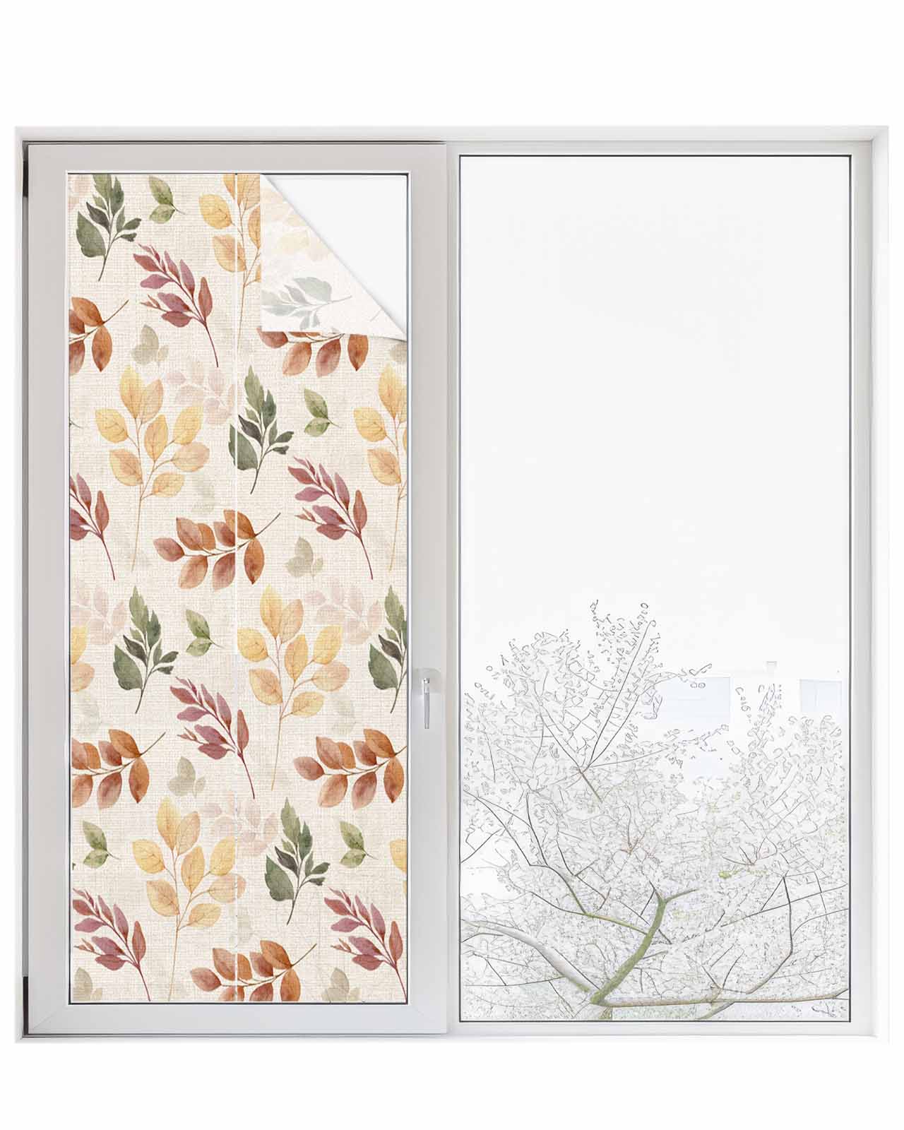Window Privacy Film, Burnt Orange Yellow Eucalyptus UV Sun Blocking Window Tint Film Heat Control One Way Blackout Window Film, Fall Botanical Leaves Beige Non Adhesive Static Cling 29.5x78.7 In