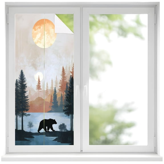 Window Privacy Film Cabin Bear Forest Stained Glass Window Film Decorative Sun Block Window Cover Farmhouse Lake Pine Trees Landscape Window Clings Static Adhesive Sticker for Bathroom 17.7"x39.3"