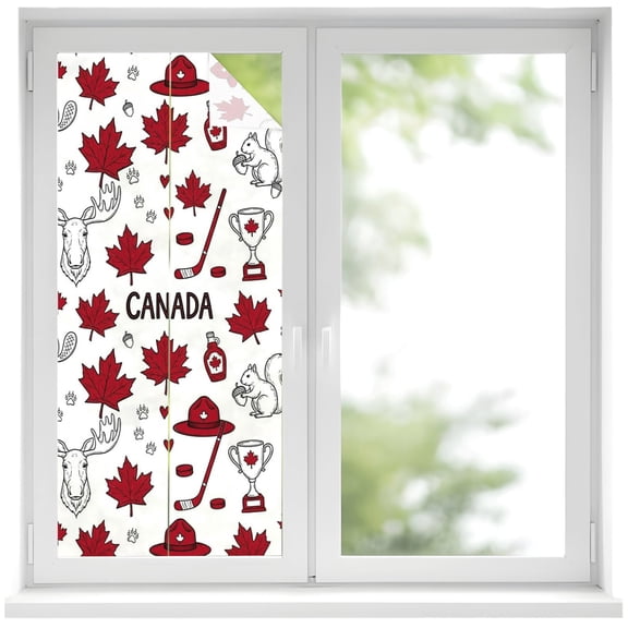 Window Privacy Film Canada Style Stained Glass Window Film Decorative Sun Block Window Cover Watercolor Red Maple Leaf Deers Window Clings Static Adhesive Sticker for Bathroom 17.7"x39.3"