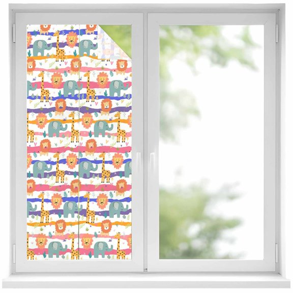 Window Privacy Film Cartoon Animals Stained Glass Window Film Decorative Window Cover Funny Lions Giraffes Tropical Plants Striped Window Clings Static Adhesive Sticker for Bathroom 17.7"x39.3"