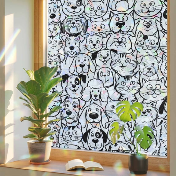 Window Privacy Film Cartoon Cat Dog Stained Glass Window Film Cute Animal Black Lines Rainbow Static Window Clings for Glass Windows Home Bathroom Living Room Office Glass Door Sticker 17.7"39.3"