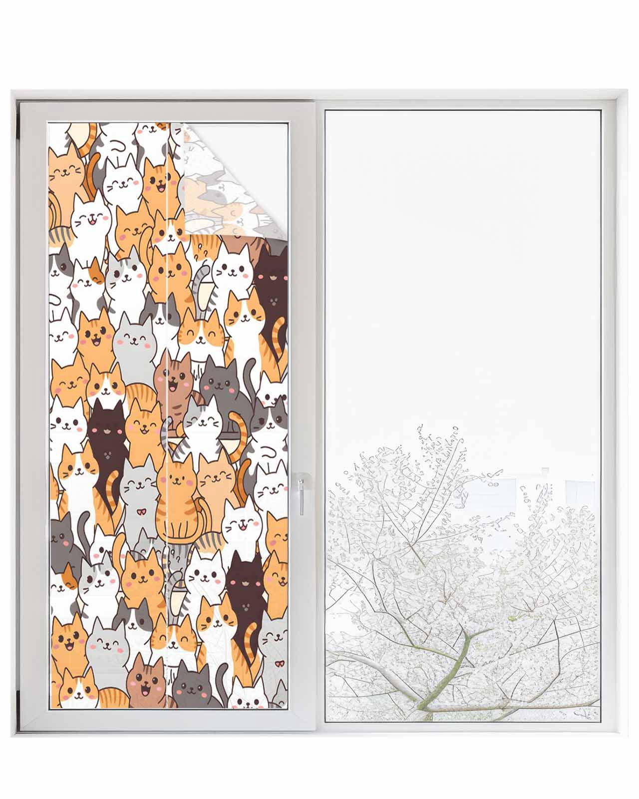 Window Privacy Film Cartoon Cat Stained Glass Window Film Decorative Sun Block Window Cover Modern Funny Cute Orange Gray Animals Window Clings Static Adhesive Sticker for Bathroom 23.6"x59"
