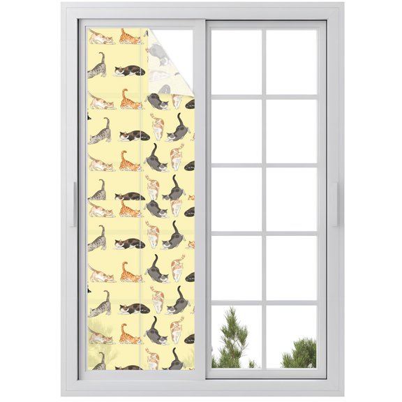 Window Privacy Film Cartoon Cats Stained Glass Window Film Decorative Sun Block Window Cover Funny Cute Kitty Animals Light Yellow Window Clings Static Adhesive Sticker for Bathroom 29.5"x118"