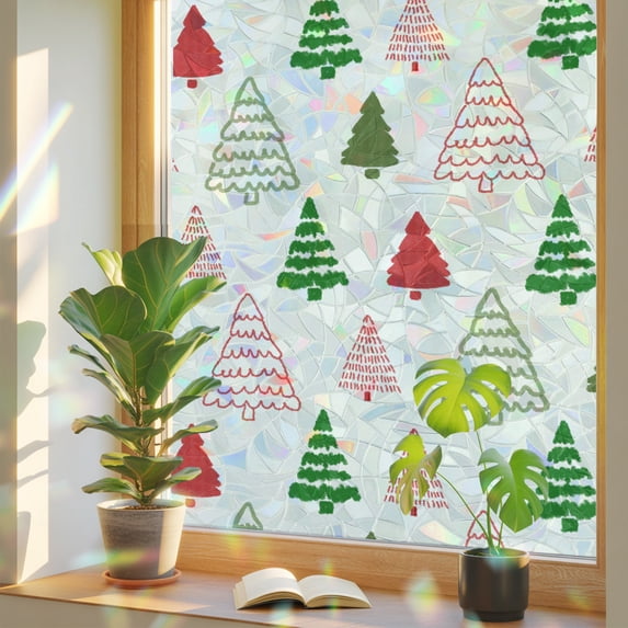 Tree Staining Window Privacy Film Cartoon Christmas Tree Abstract Style Stained Glass ...