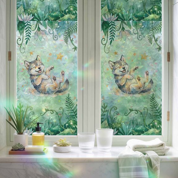 Window Privacy Film,Cartoon Cute Wolf Stars Static Clings Decorative Rainbow Window Films Stickers Forest Green Leaf Flower Plant Sun Blocking Glass Cover for Home Bathroom Office,17.7"x39.3"
