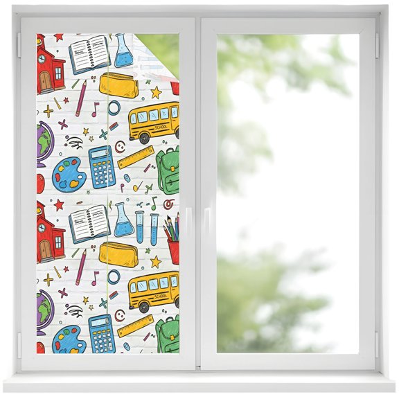 Window Privacy Film Cartoon Educational Elements Stained Glass Window Film Decorative Sun Block Window Cover Modern Art Childhood Window Clings Static Adhesive Sticker for Bathroom 19.6"x39.3"