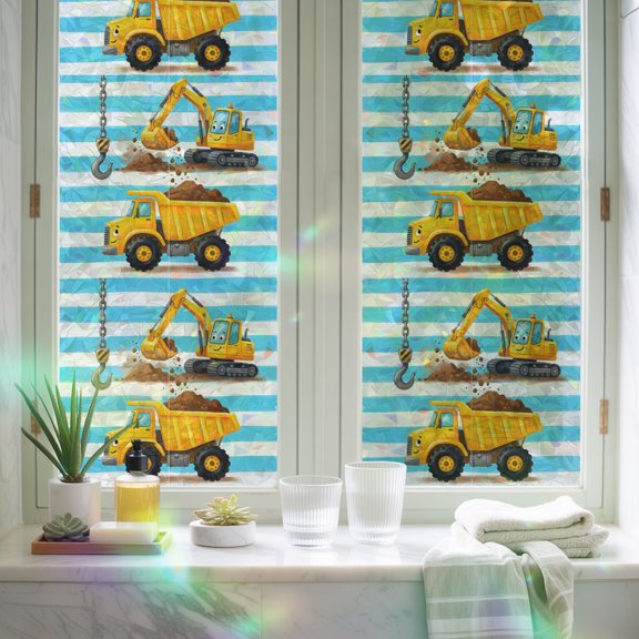 Window Privacy Film,Cartoon Excavator Ground Truck Static Clings Decorative Rainbow Window Films Stickers Cute Mini Car Blue Stripes Sun Blocking Glass Cover for Home Bathroom Office,17.7"x39.3"