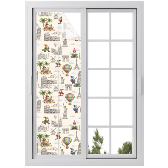 Window Privacy Film Cartoon Gnomes Stained Glass Window Film Decorative Sun Block Window Cover Bisaya Tower Eiffel Tower Scenic Spot Window Clings Static Adhesive Sticker for Bathroom 29.5"x118"