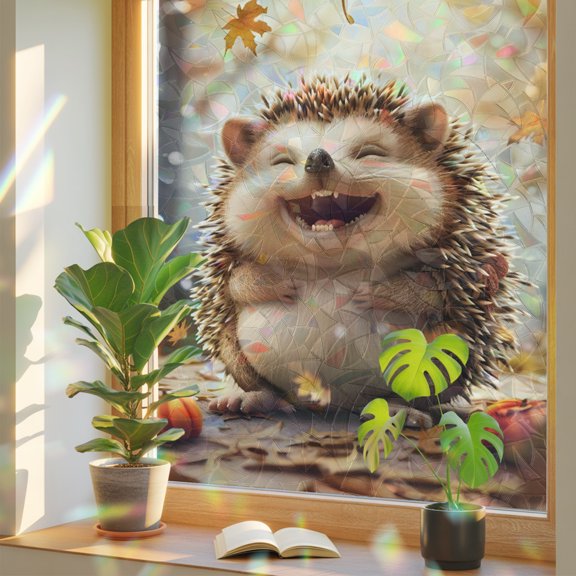 Window Privacy Film Cartoon Hedgehog Autumn Maple Leaves Pumpkin Stained Glass Static Cling 18x39inch, Forest Rainbow Window Film Glass Sticker for Bathroom Bedroom Home