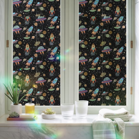 Window Privacy Film,Cartoon Rocket Space Planet Static Clings Decorative Rainbow Window Films Stickers Cute Spaceship on Black Sun Blocking Glass Cover for Home Bathroom Office,29.5"x78.7"