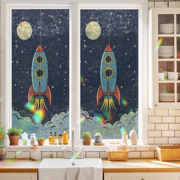 Window Privacy Film,Cartoon Space Rocket Launch Stars and Moon Static Clings Decorative Rainbow Window Films Stickers Outer Planet Sun Blocking Glass Cover for Home Bathroom Office,17.7"x39.3"