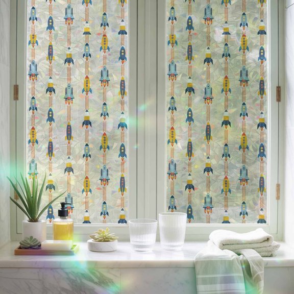 Window Privacy Film,Cartoon Space Shuttle on Linen Static Clings Decorative Rainbow Window Films Stickers Modern Shuttlecraft Universe Sun Blocking Glass Cover for Home Bathroom Office,17.7"x39.3"