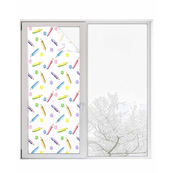 Window Privacy Film Cartoon Stained Glass Window Film Decorative Sun Block Window Cover Cute Colorful Pencil Paw Funny Print Window Clings Static Adhesive Sticker for Bathroom 23.6"x59"