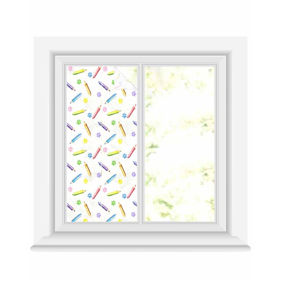Window Privacy Film Cartoon Stained Glass Window Film Decorative Sun Block Window Cover Cute Colorful Pencil Paw Funny Print Window Clings Static Adhesive Sticker for Bathroom 17.7"x39.3"