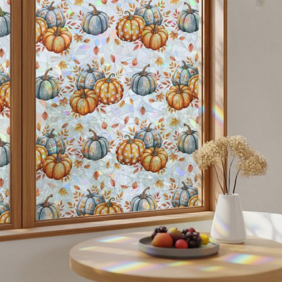 Window Privacy Film Cartoon Thanksgiving Thanksgiving Stained Glass Static Cling 24x59inch, Country Autumn Leaves Rainbow Window Film Glass Sticker for Bathroom Bedroom Home