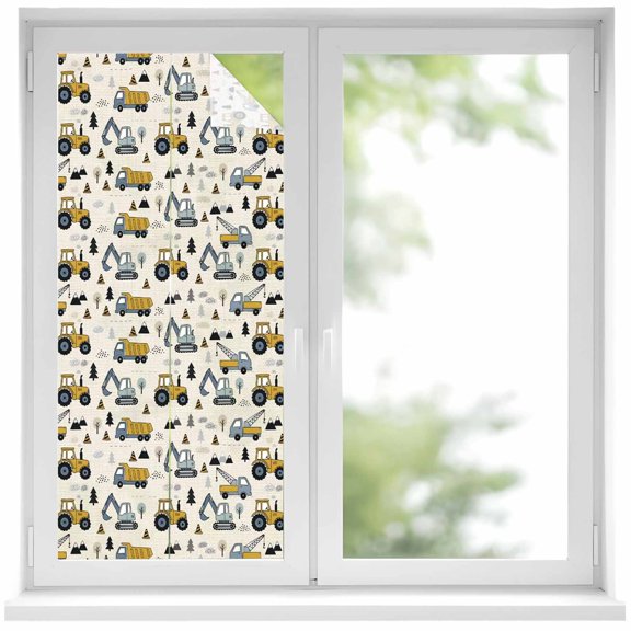 Window Privacy Film Cartoon Truck Stained Glass Window Film Decorative Window Cover Cute Yellow Grey Excavator Bulldozer Pine Tree Window Clings Static Adhesive Sticker for Bathroom 19.6"x39.3"