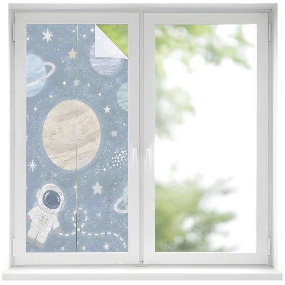 Window Privacy Film Cartoon Universe Stained Glass Window Film Decorative Sun Block Window Cover Retro Blue Outer Space Moon Rocket Window Clings Static Adhesive Sticker for Bathroom 19.6"x39.3"