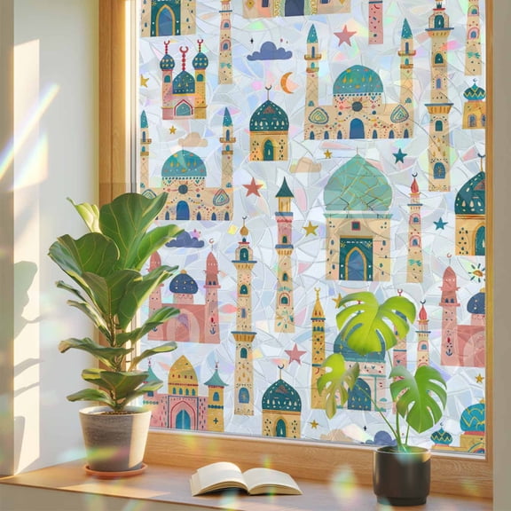 Window Privacy Film Castle Stars Moon Stained Glass Window Film Colorful Graffiti Rainbow Static Window Clings for Glass Windows Home Bathroom Living Room Office Glass Door Sticker 17.7"39.3"