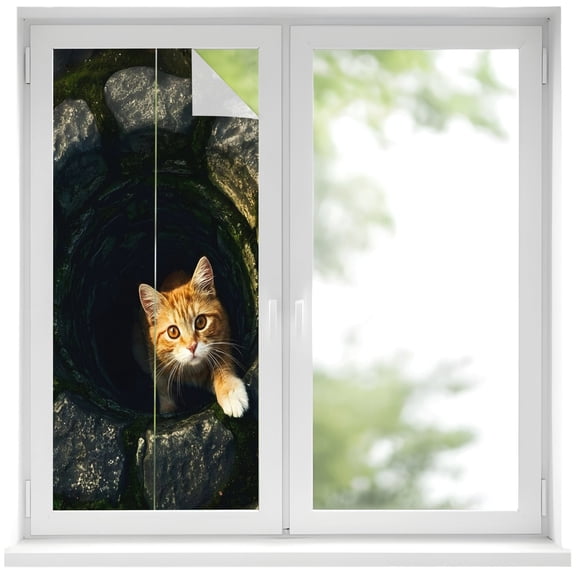 Window Privacy Film Cat Stained Glass Window Film Decorative Sun Block Window Cover Stone Well Darkness Rustic Mysterious Window Clings Static Adhesive Sticker for Bathroom 19.6"x39.3"