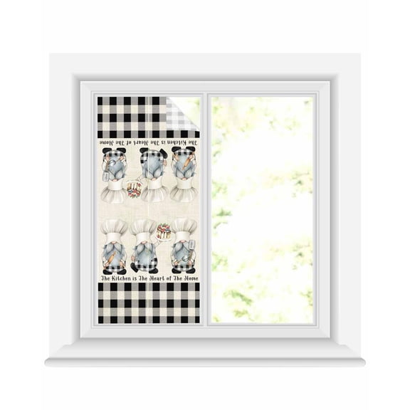 Window Privacy Film Chef Gnomes Stained Glass Window Film Decorative Sun Block Window Cover Black Grey Grid Buffalo Plaid Cake Fruit Window Clings Static Adhesive Sticker for Bathroom 17.7"x39.3"