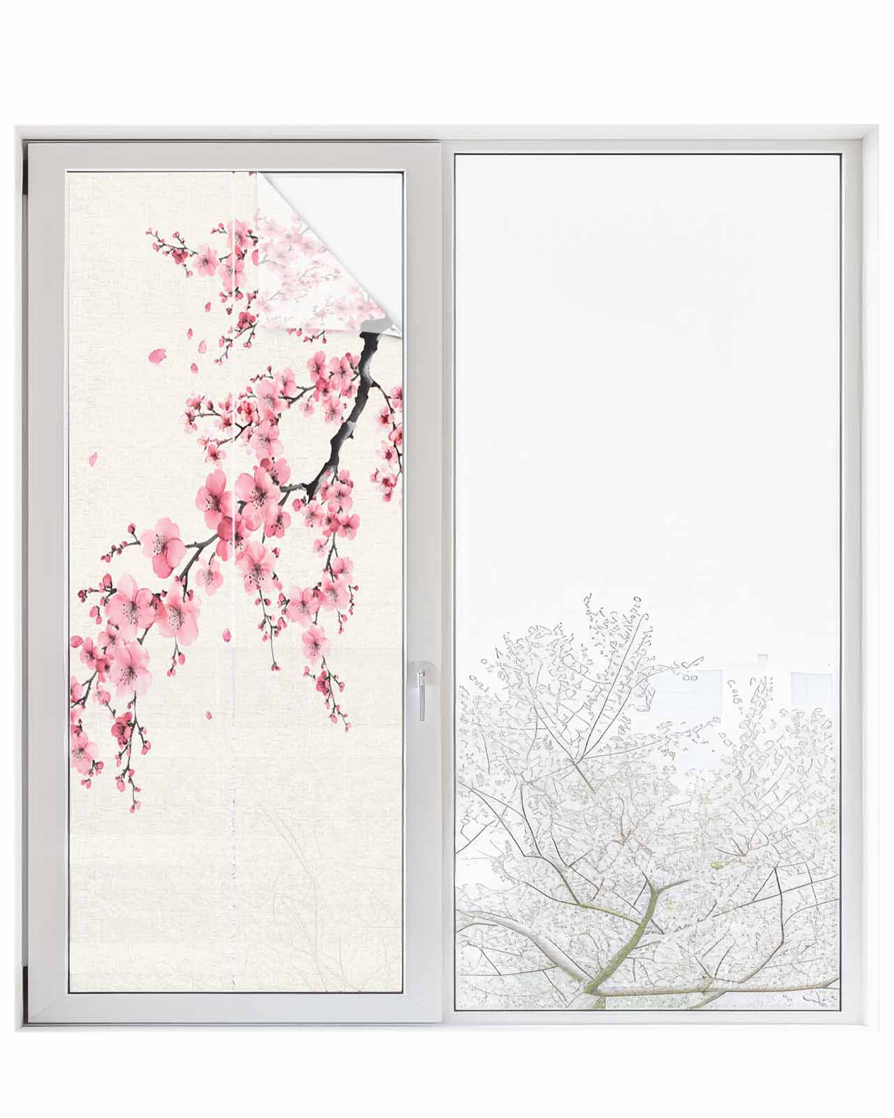 Window Privacy Film Cherry Blossoms Stained Glass Window Film Decorative Sun Block Window Cover Pink Flower Floral Spring Nature Country Window Clings Static Adhesive Sticker for Bathroom 29.5"x78.7"