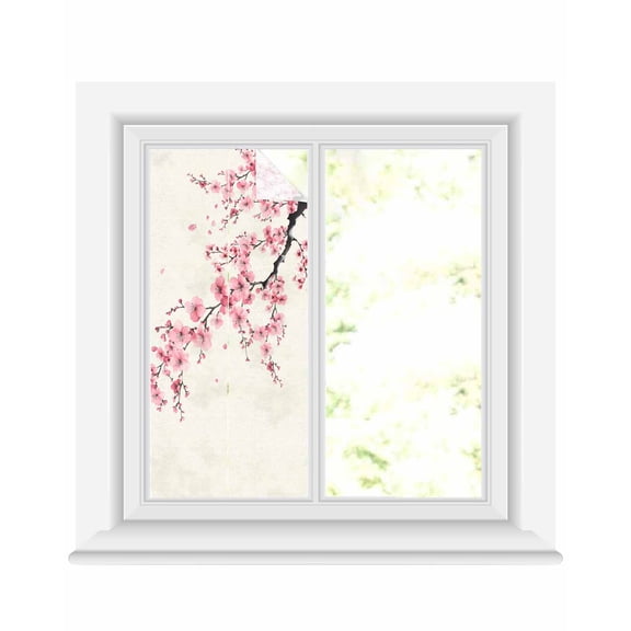 Window Privacy Film Cherry Blossoms Stained Glass Window Film Decorative Sun Block Window Cover Pink Flower Floral Spring Nature Country Window Clings Static Adhesive Sticker for Bathroom 19.6"x39.3"