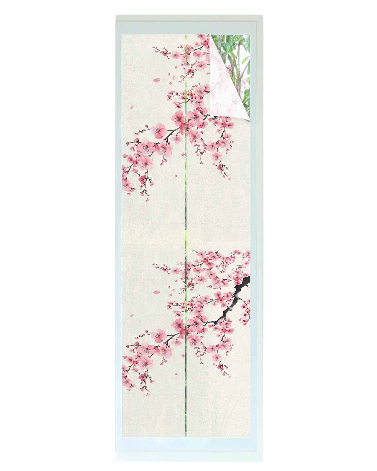 Window Privacy Film Cherry Blossoms Stained Glass Window Film Decorative Sun Block Window Cover Pink Flower Floral Spring Nature Country Window Clings Static Adhesive Sticker for Bathroom 17.7"x78.7"