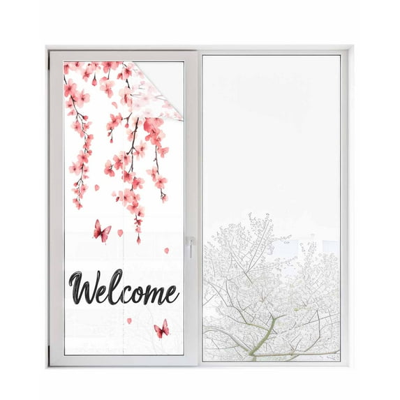 Window Privacy Film Cherry Blossoms Stained Glass Window Film Decorative Sun Block Window Cover Spring Rustic Botanical Flowers Window Clings Static Adhesive Sticker for Bathroom 29.5"x78.7"