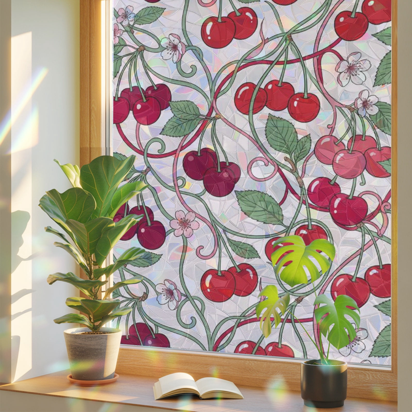 Small Berry Window Rings Window Privacy Film Cherry Stained Glass Window Film Red Fruit Twining ...