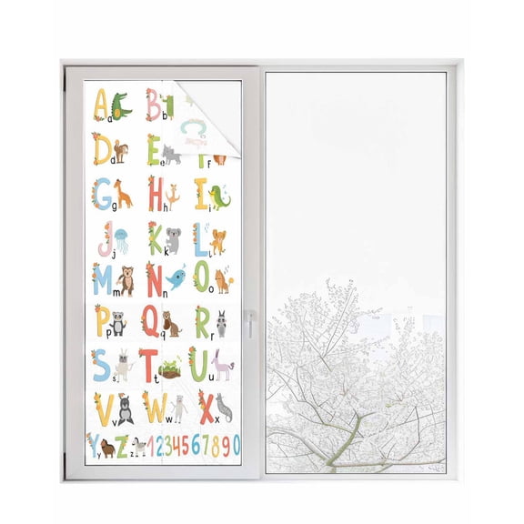 Window Privacy Film Children's Alphabet Stained Glass Window Film Decorative Sun Block Window Cover Colorful Cute Animals Numbers Window Clings Static Adhesive Sticker for Bathroom 23.6"x59"