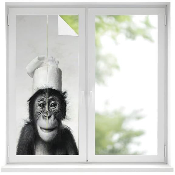 Window Privacy Film Chimpanzee Stained Glass Window Film Decorative Sun Block Window Cover Monkey Chef Funny Animal Humor Window Clings Static Adhesive Sticker for Bathroom 19.6"x39.3"