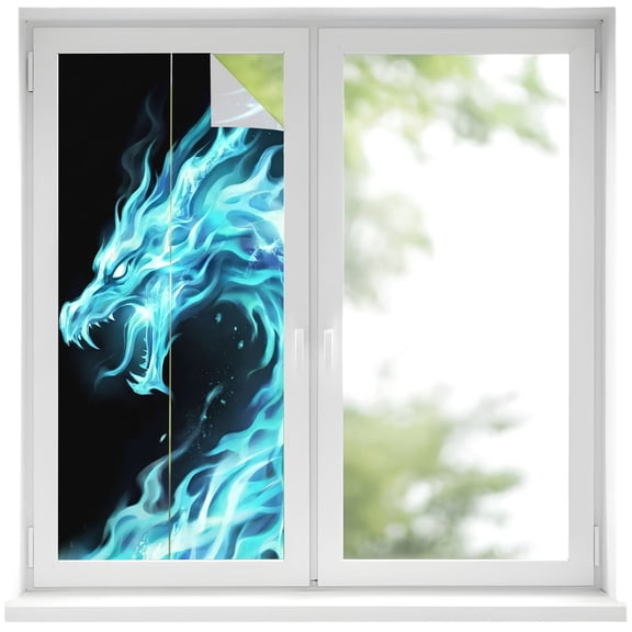 Window Privacy Film Chinese Style Stained Glass Window Film Decorative Sun Block Window Cover Chic Blue Dragon Gradient Fire Black Window Clings Static Adhesive Sticker for Bathroom 17.7"x39.3"