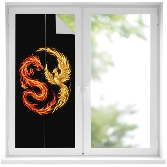 Window Privacy Film Chinese Style Stained Glass Window Film Decorative Sun Block Window Cover Dragon Phoenix Gradient Fire Aesthetic Window Clings Static Adhesive Sticker for Bathroom 19.6"x39.3"