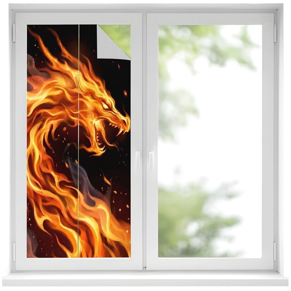 Window Privacy Film Chinese Style Stained Glass Window Film Decorative Sun Block Window Cover Fantasy Dragon Orange Gradient Fire Window Clings Static Adhesive Sticker for Bathroom 17.7"x39.3"