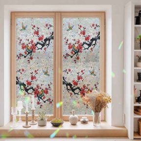 Window Privacy Film,Chinoiserie Bird Red Flower on Linen Static Clings Decorative Rainbow Window Films Stickers Asian Scenic Spring Art Sun Blocking Glass Cover for Home Bathroom Office,23.6"x59"