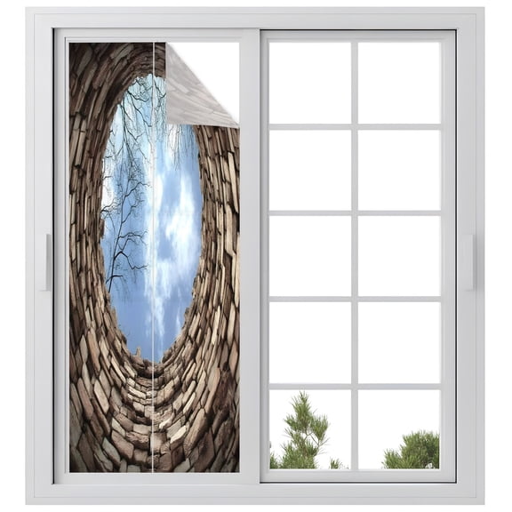 Window Privacy Film Circular Well Stained Glass Window Film Decorative Sun Block Window Cover Tree Branches Sky Vintage Aged Window Clings Static Adhesive Sticker for Bathroom 23.6"x59"