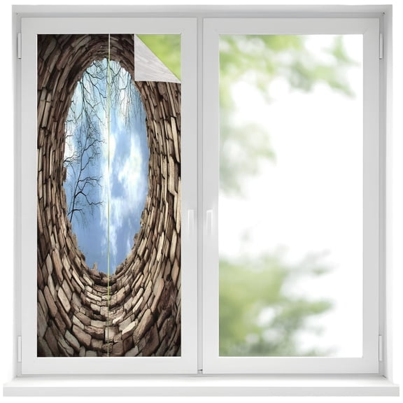 Window Privacy Film Circular Well Stained Glass Window Film Decorative Sun Block Window Cover Tree Branches Sky Vintage Aged Window Clings Static Adhesive Sticker for Bathroom 19.6"x39.3"