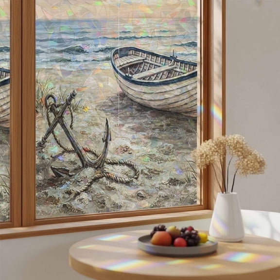 Window Privacy Film, Coastal Beach Boat Stained Glass Rainbow Film Nautical Sunset Anchor Ocean Waves Grass Sky Decorative Window Clings, Static Cling Sun Blocking Stickers For Bathroom 17.7"x39.3"