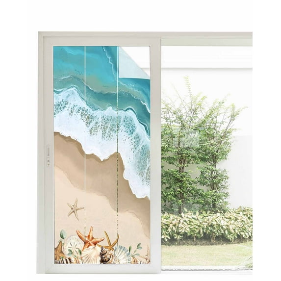 Window Privacy Film Coastal Beach Ocean Stained Glass Window Film Decorative Sun Block Window Cover Nautical Starfish Shells Conch Window Clings Static Adhesive Sticker for Bathroom 35.4"x78.7"