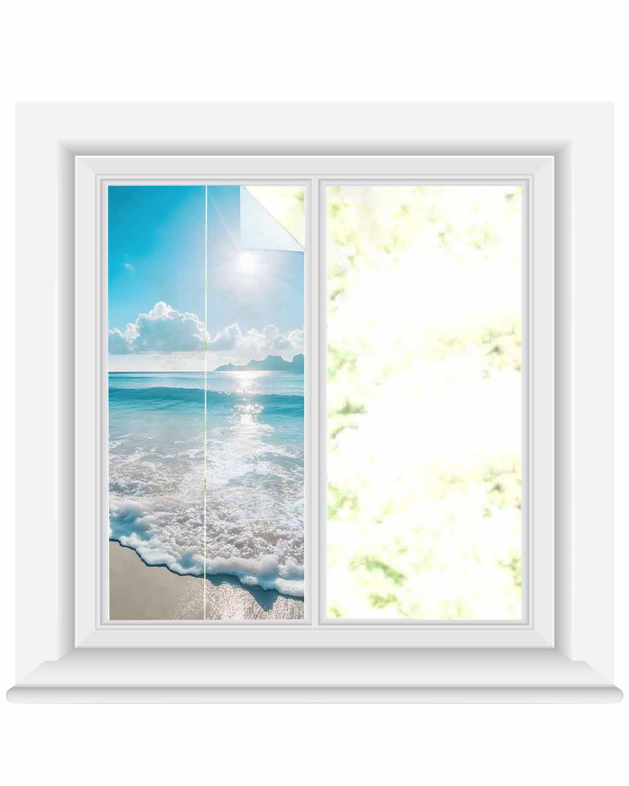 Window Privacy Film Coastal Beach Stained Glass Window Film Decorative Sun Block Window Cover Blue Ocean Sunrise Waves Sand Shore Window Clings Static Adhesive Sticker for Bathroom 19.6"x39.3"
