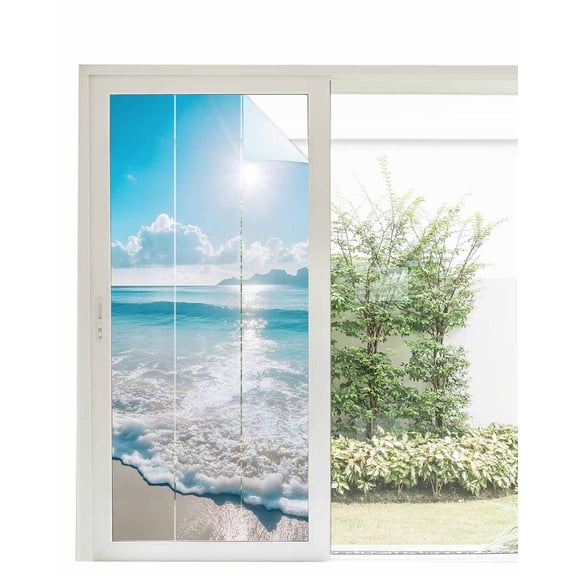Window Privacy Film Coastal Beach Stained Glass Window Film Decorative Sun Block Window Cover Blue Ocean Sunrise Waves Sand Shore Window Clings Static Adhesive Sticker for Bathroom 35.4"x78.7"