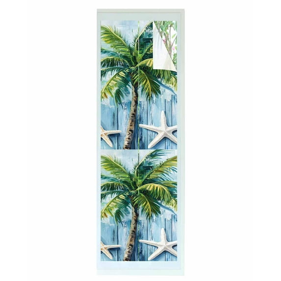 Window Privacy Film Coastal Beach Stained Glass Window Film Decorative Sun Block Window Cover Green Tropical Palm Vintage Blue Wood Grain Window Clings Static Sticker for Bathroom 17.7"x78.7"