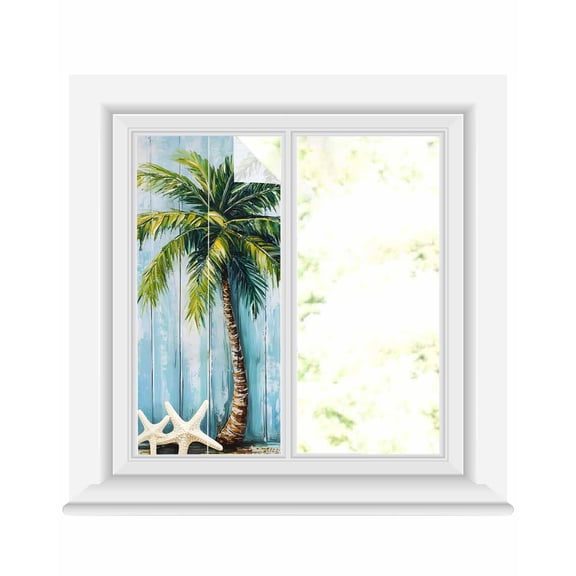Window Privacy Film Coastal Beach Tree Stained Glass Window Film Decorative Sun Block Window Cover Ocean Tropical Palm Starfish Blue Green Window Clings Static Sticker for Bathroom 17.7"x39.3"