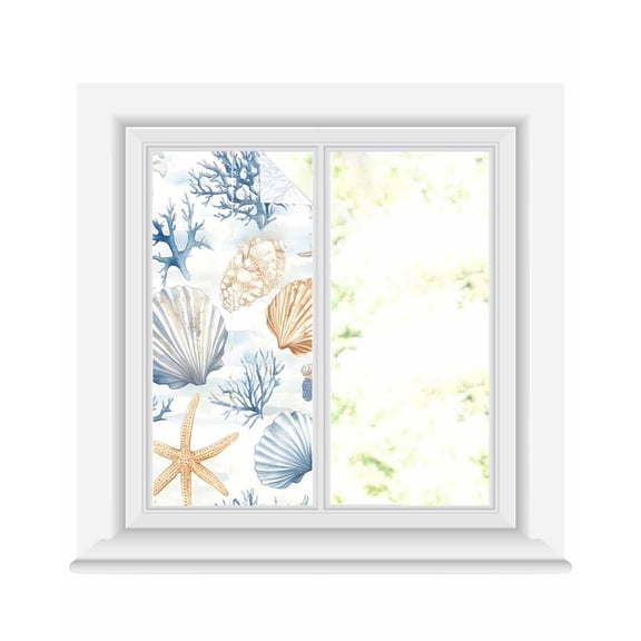 Window Privacy Film Coastal Blue Stained Glass Window Film Decorative Sun Block Window Cover Coral Starfish Seashells Beach Summer Window Clings Static Adhesive Sticker for Bathroom 17.7"x39.3"