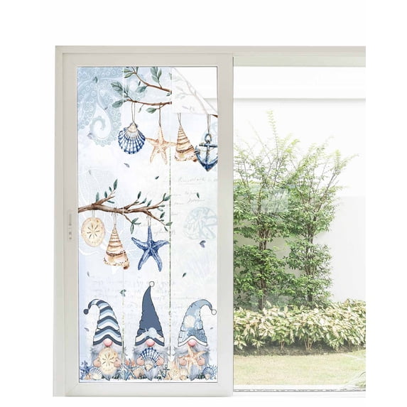 Window Privacy Film Coastal Eucalyptus Stained Glass Window Film Decorative Sun Block Window Cover Vintage Ocean Blue Gnomes Starfish Leaf Window Clings Static Sticker for Bathroom 35.4"x78.7"
