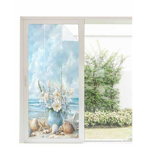 Window Privacy Film Coastal Flowers Stained Glass Window Film Decorative Sun Block Window Cover Blue Ocean Starfish Shell Beach Scenery Window Clings Static Adhesive Sticker for Bathroom 35.4"x78.7"