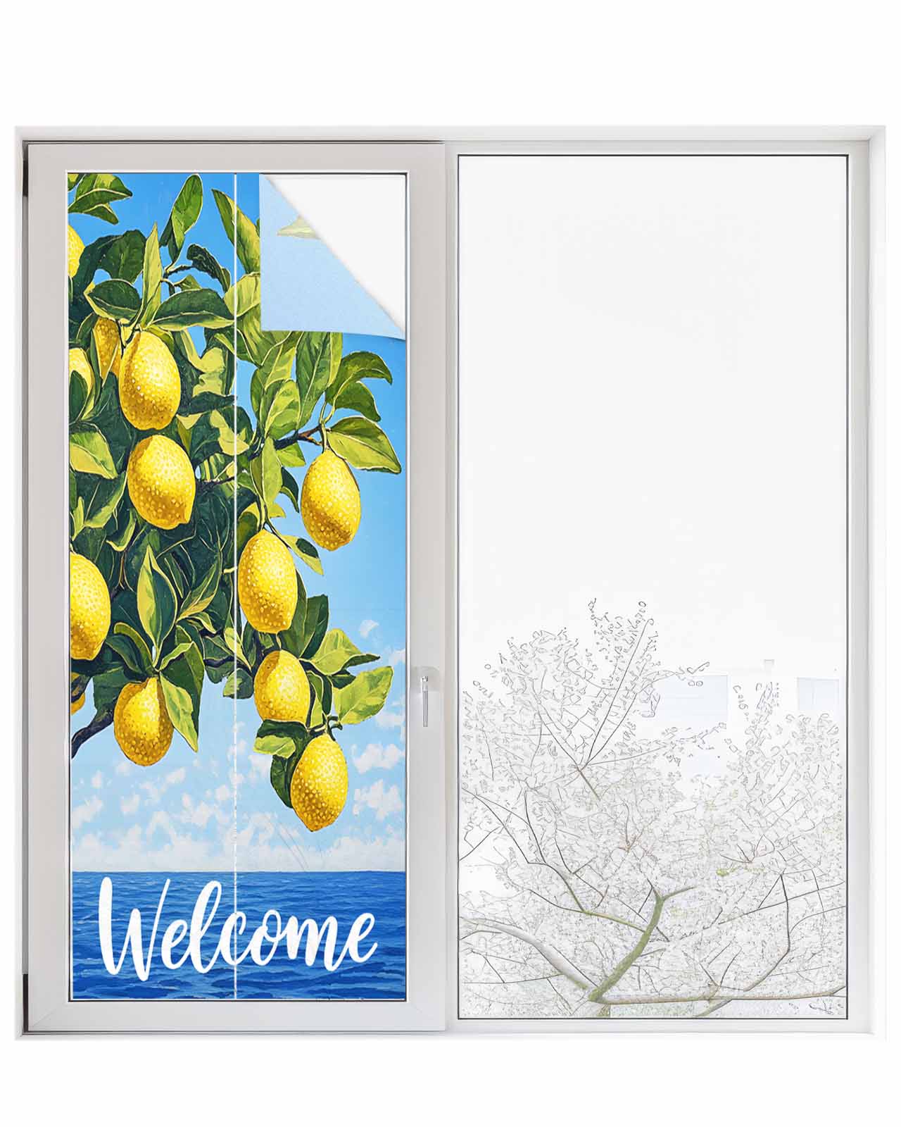 Window Privacy Film Coastal Lemon Stained Glass Window Film Decorative Sun Block Window Cover Summer Ocean Sea Yellow Fruits Leaf Tree Window Clings Static Adhesive Sticker for Bathroom 29.5"x78.7"
