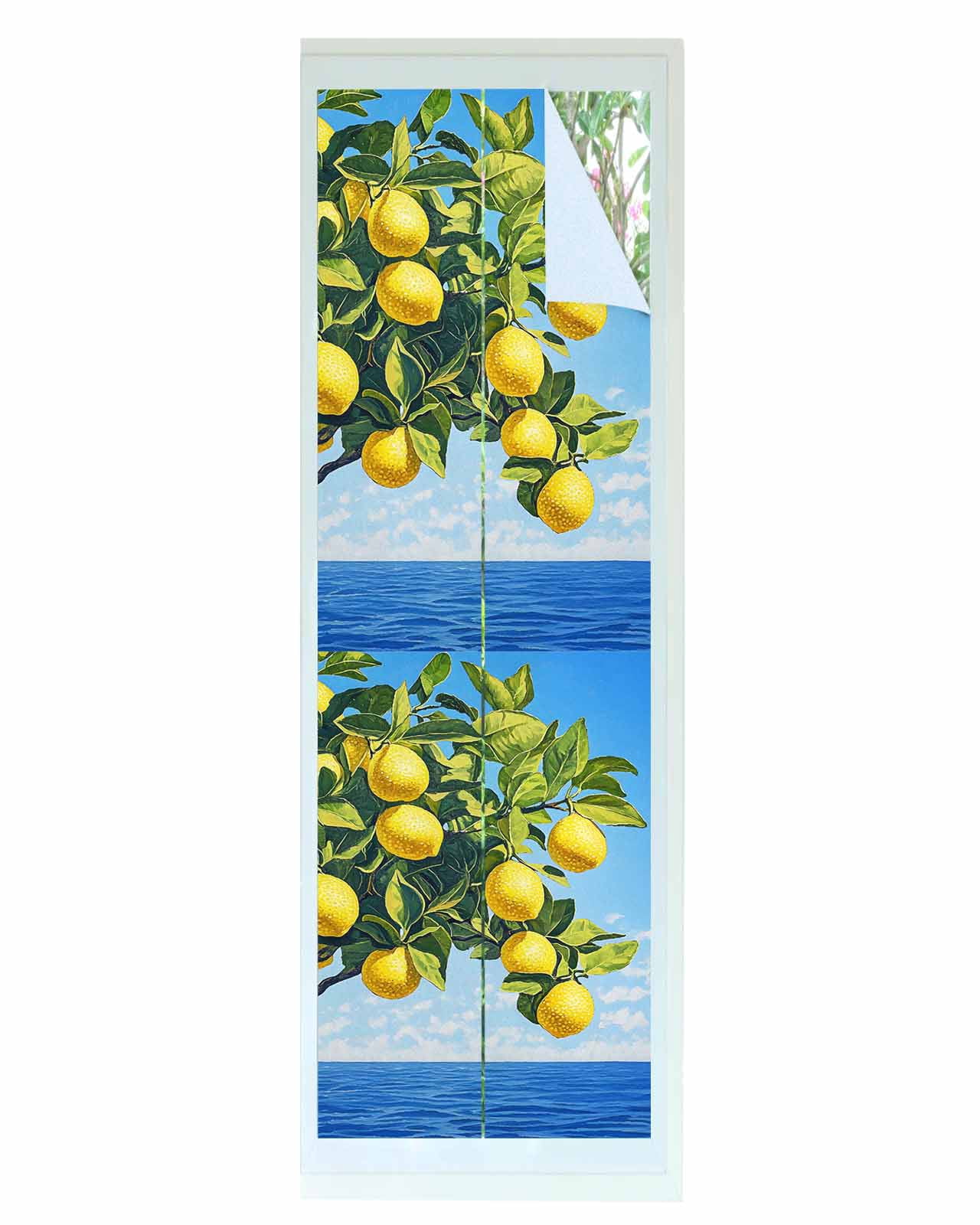 Window Privacy Film Coastal Lemon Stained Glass Window Film Decorative Sun Block Window Cover Summer Ocean Waves Fruit Trees Window Clings Static Adhesive Sticker for Bathroom 23.6"x78.7"