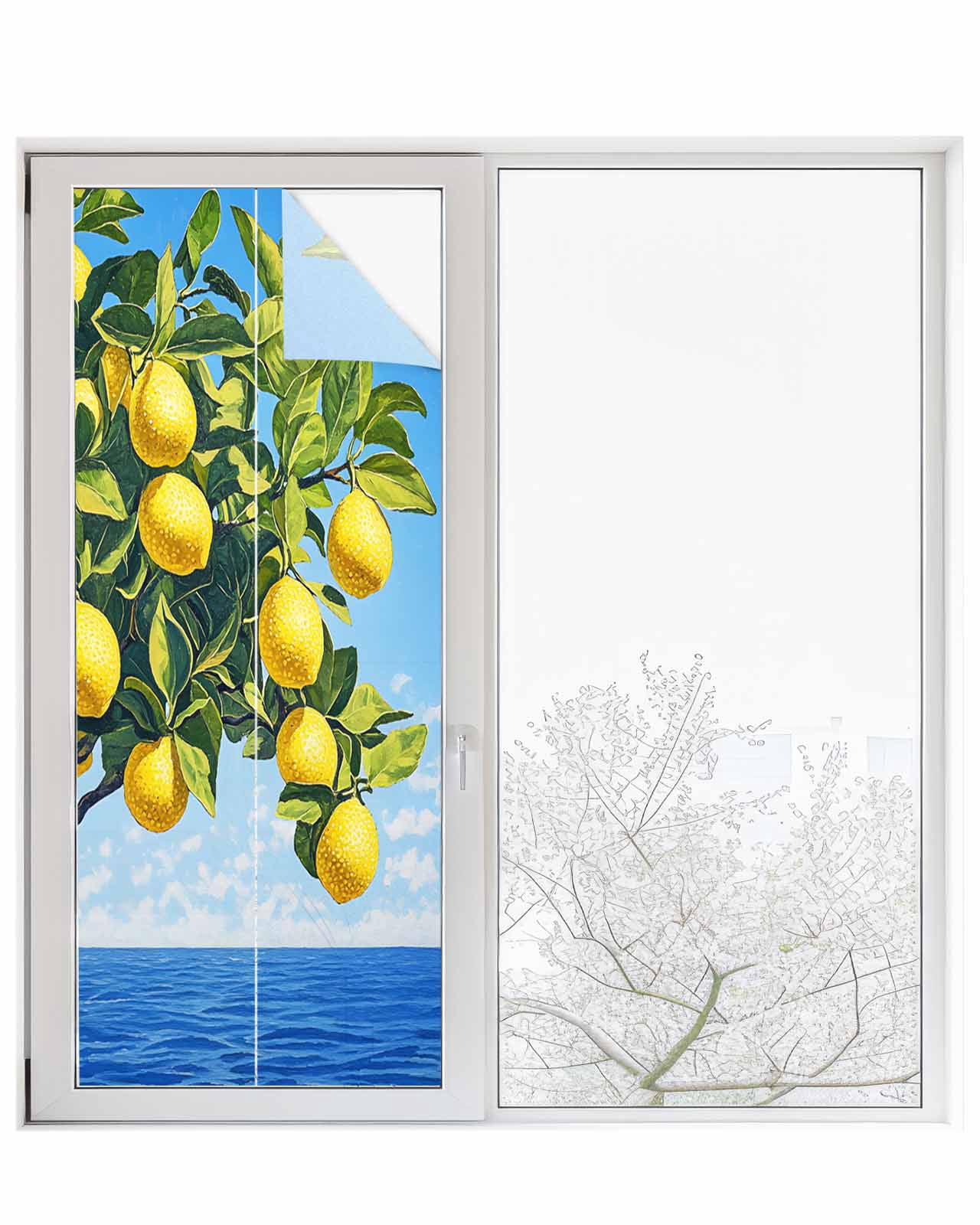 Window Privacy Film Coastal Lemon Stained Glass Window Film Decorative Sun Block Window Cover Summer Ocean Waves Fruit Trees Window Clings Static Adhesive Sticker for Bathroom 23.6"x59"