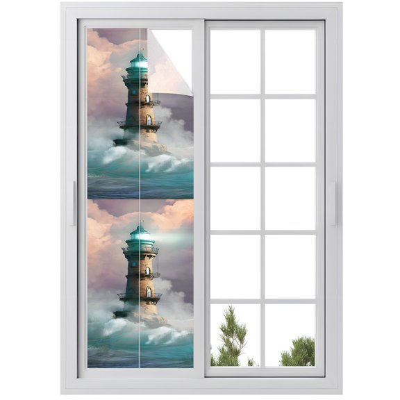 Window Privacy Film Coastal Lighthouse Stained Glass Window Film Decorative Sun Block Window Cover Fancy Cloud Ocean Waves Summer Window Clings Static Adhesive Sticker for Bathroom 17.7"x78.7"